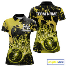 Load image into Gallery viewer, Black and Yellow Splatter Galaxy women's bowling polo shirt custom bowling team uniform, tournament bowling jersey