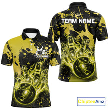 Load image into Gallery viewer, Black and Yellow Splatter Galaxy men's bowling polo shirt custom bowling team uniform, tournament bowling jersey
