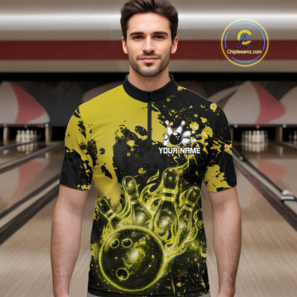 Male bowler wearing Black and Yellow Galaxy bowling jersey in competitive bowling league match