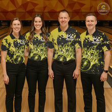 Load image into Gallery viewer, Men women bowling team wearing Black and Yellow Galaxy custom bowling jerseys for tournaments and league play