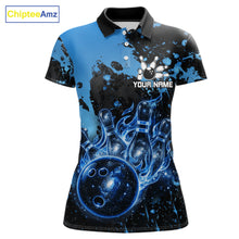 Load image into Gallery viewer, Black and Blue Splatter Galaxy women's bowling polo shirt personalized bowling team jersey, professional bowling uniform