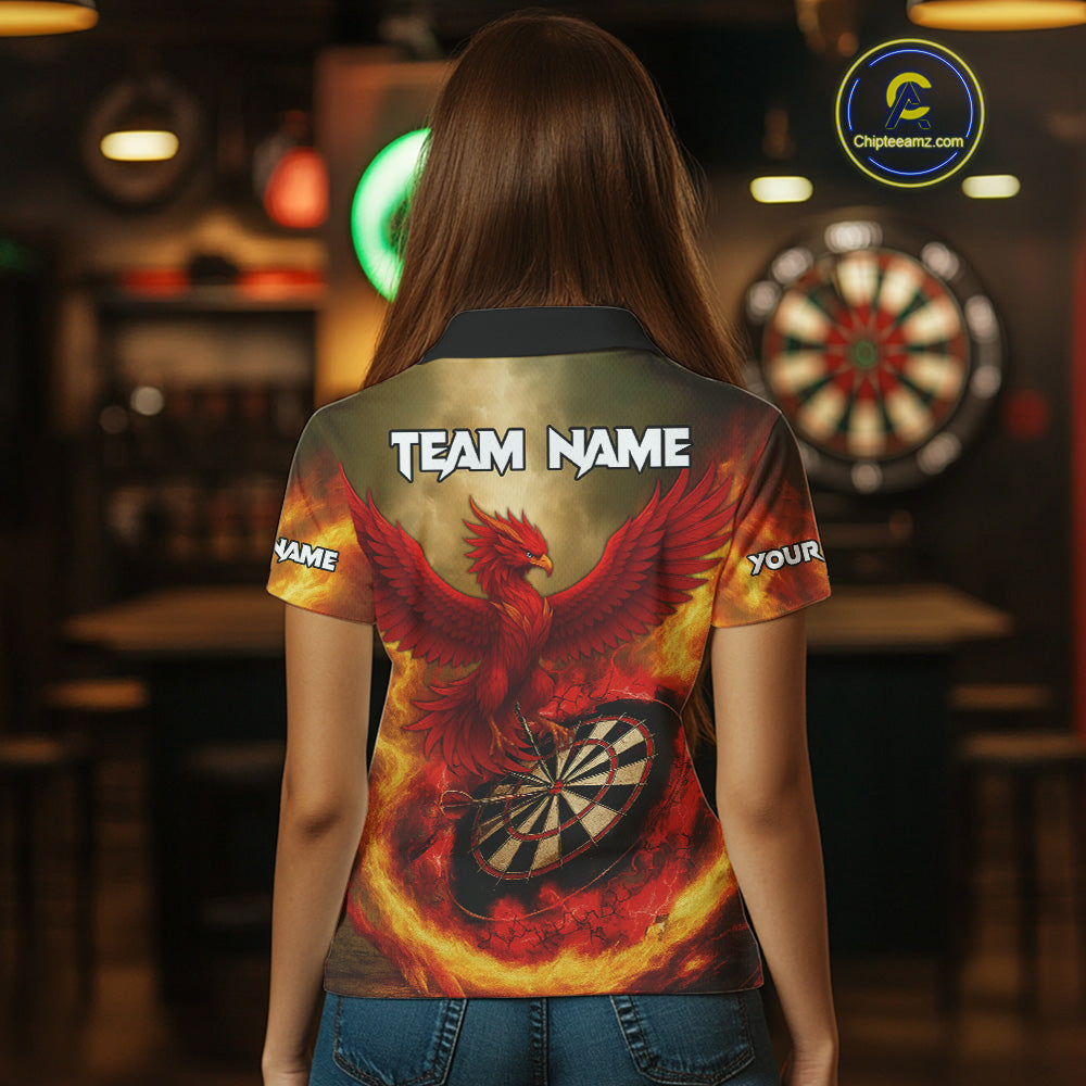 Red Phoenix & Flame Dartboard Wonen's Darts Polo Shirt - Custom Name For Players NYN0765