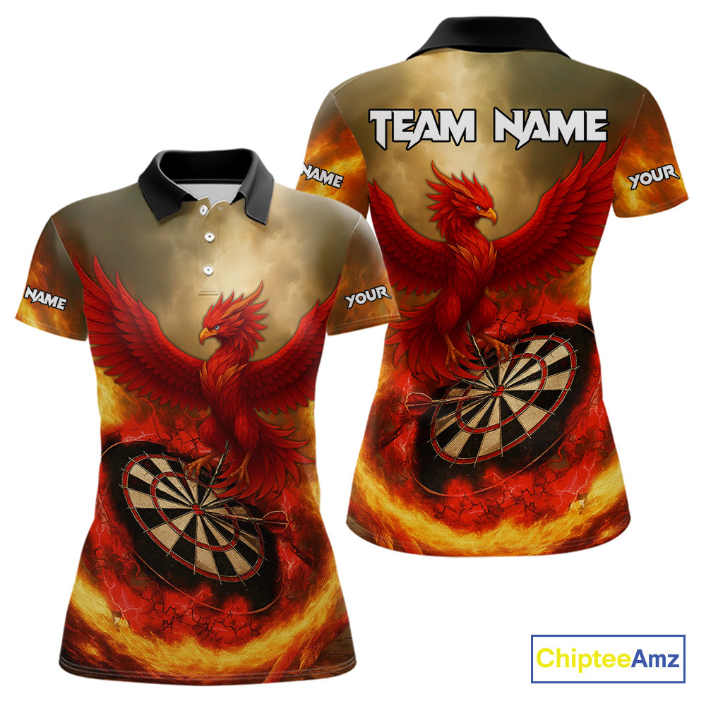 Red Phoenix & Flame Dartboard Wonen's Darts Polo Shirt - Custom Name For Players NYN0765