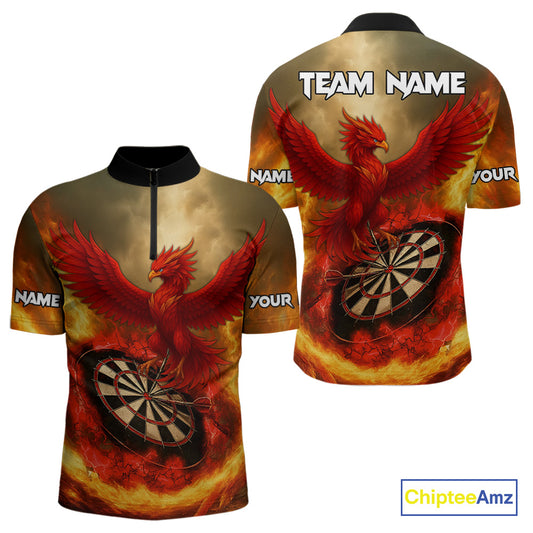 Red Phoenix & Flame Dartboard Men's Darts 1/4-Zip Shirt - Custom Name For Players NYN0765