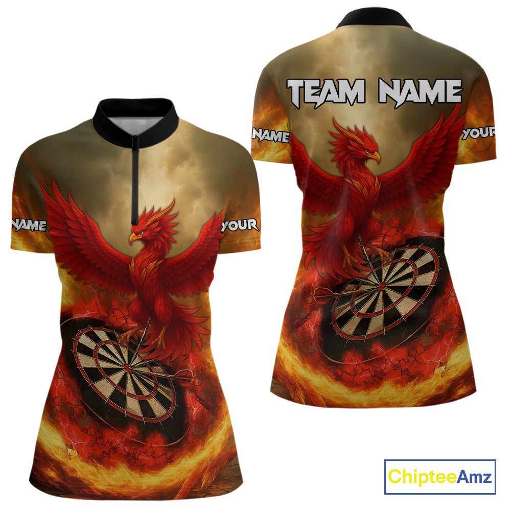 Red Phoenix & Flame Dartboard Women's Darts 1/4-Zip Shirt - Custom Name For Players NYN0765