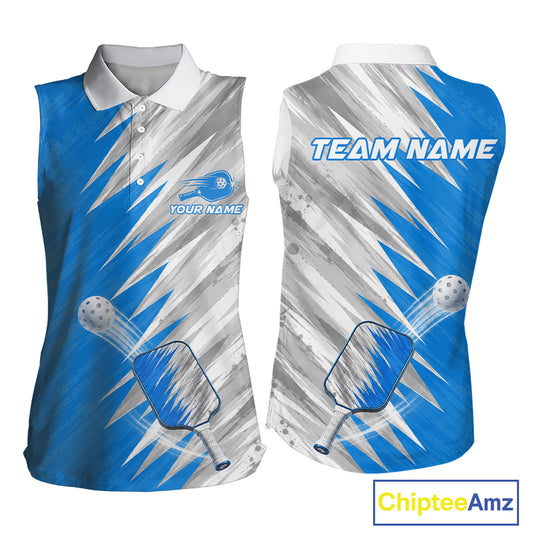 Custom Blue And Grey Strike Womens Sleeveless Polo Pickleball Shirt Pickleball Jersey For Pickleball Lovers NYN4106