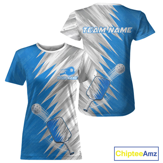 Custom Blue And Grey Strike Womens Pickleball T-Shirt Pickleball Jersey For Pickleball Lovers NYN4106