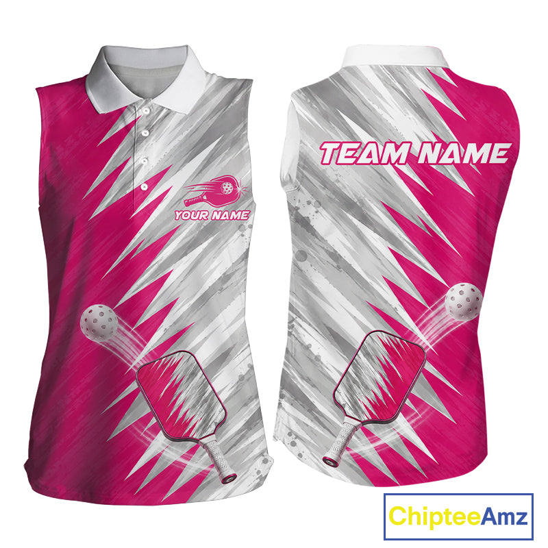 Custom Pink And Grey Strike Womens Sleeveless Polo Pickleball Shirt Pickleball Jersey For Pickleball Lovers NYN4107