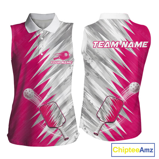 Custom Pink And Grey Strike Womens Sleeveless Polo Pickleball Shirt Pickleball Jersey For Pickleball Lovers NYN4107