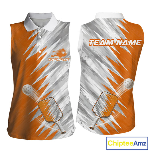 Custom Orange And Grey Strike Womens Sleeveless Polo Pickleball Shirt Pickleball Jersey For Pickleball Lovers NYN4108
