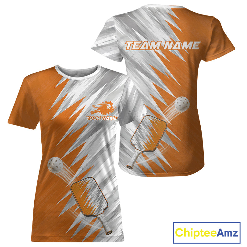Custom Orange And Grey Strike Womens Pickleball T-Shirt Pickleball Jersey For Pickleball Lovers NYN4108