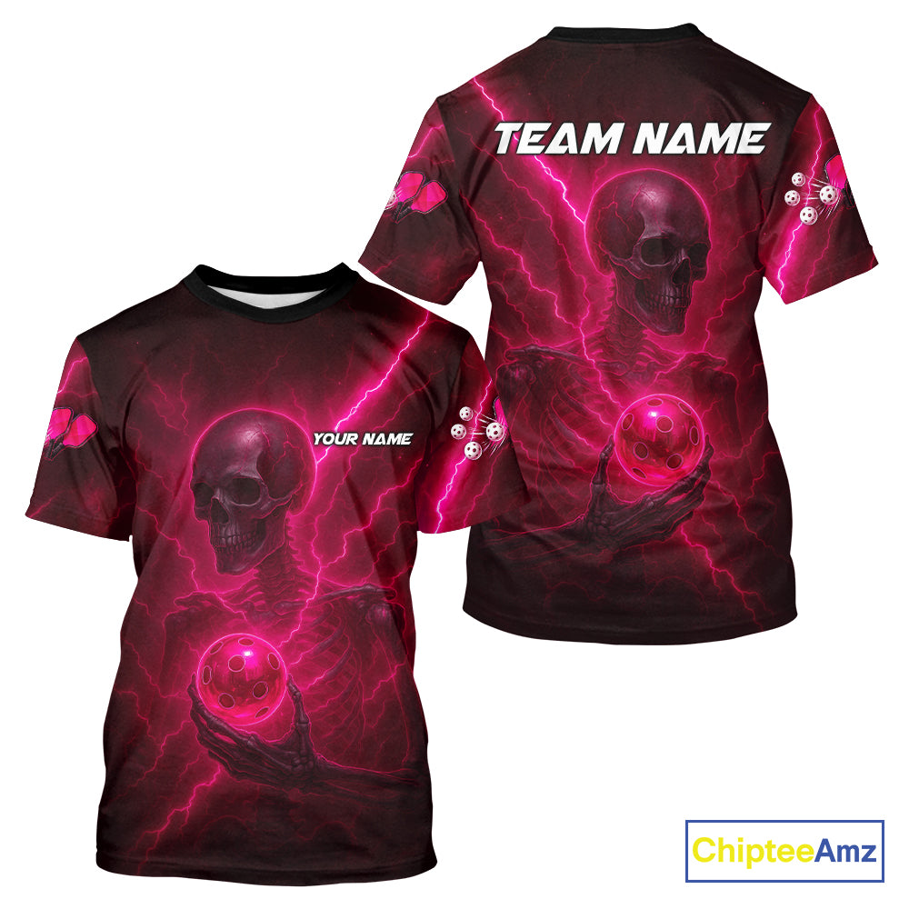 Custom Lightning Skeleton Pink Pickleball Ball T-Shirt For Men Pickleball Team Outfits NYN1431