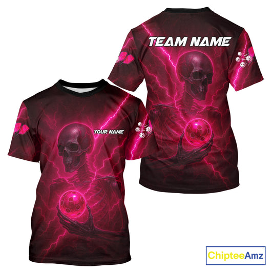 Custom Lightning Skeleton Pink Pickleball Ball T-Shirt For Men Pickleball Team Outfits NYN1431