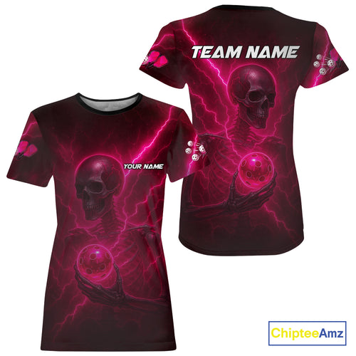 Custom Lightning Skeleton Pink Pickleball Ball T-Shirt For Women Pickleball Team Outfits NYN1431