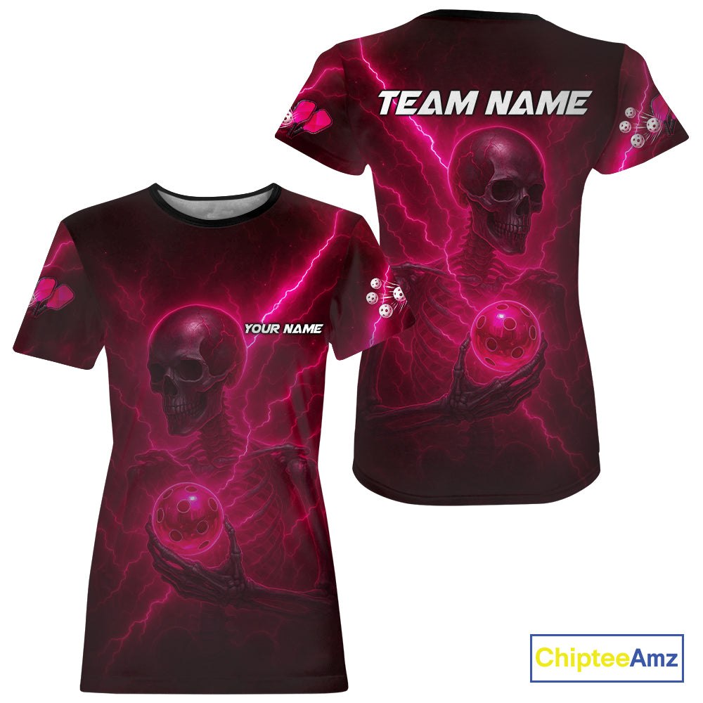 Custom Lightning Skeleton Pink Pickleball Ball T-Shirt For Women Pickleball Team Outfits NYN1431