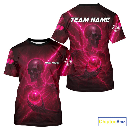 Custom Lightning Skeleton Pink Pickleball Ball T-Shirt For Men Pickleball Team Outfits NYN1431