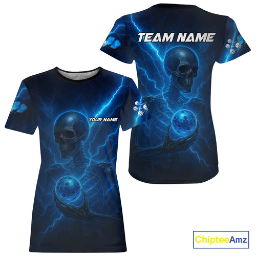Custom Lightning Skeleton Blue Pickleball Ball T-Shirt For Women Pickleball Team Outfits NYN1432