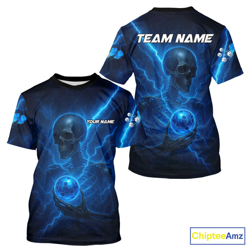 Custom Lightning Skeleton Blue Pickleball Ball T-Shirt For Men Pickleball Team Outfits NYN1432