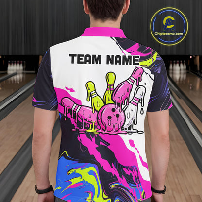 Dripping Bowling Shirt For Women Neon Colorful Bowling Polo 1/4-Zip Custom Name Bowling Team Uniform NYN4511