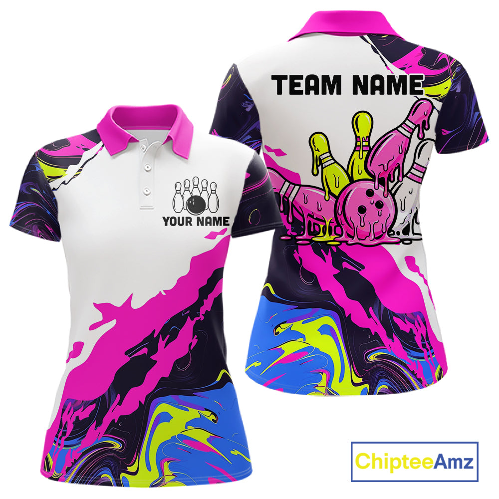 Dripping Bowling Shirt For Men Neon Colorful Bowling Polo 1/4-Zip Custom Name Bowling Team Uniform NYN4511