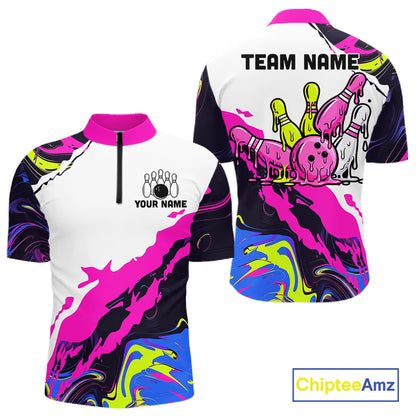 Dripping Bowling Shirt For Women Neon Colorful Bowling Polo 1/4-Zip Custom Name Bowling Team Uniform NYN4511