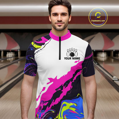 Dripping Bowling Shirt For Women Neon Colorful Bowling Polo 1/4-Zip Custom Name Bowling Team Uniform NYN4511