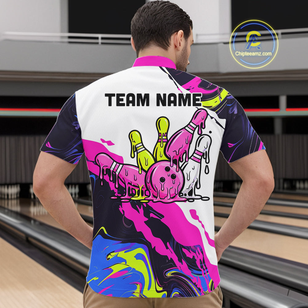 Dripping Bowling Shirt For Women Neon Colorful Bowling Polo 1/4-Zip Custom Name Bowling Team Uniform NYN4511