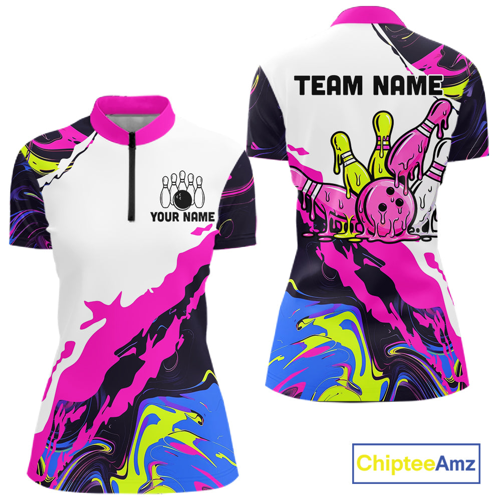 Dripping Bowling Shirt For Men Neon Colorful Bowling Polo 1/4-Zip Custom Name Bowling Team Uniform NYN4511