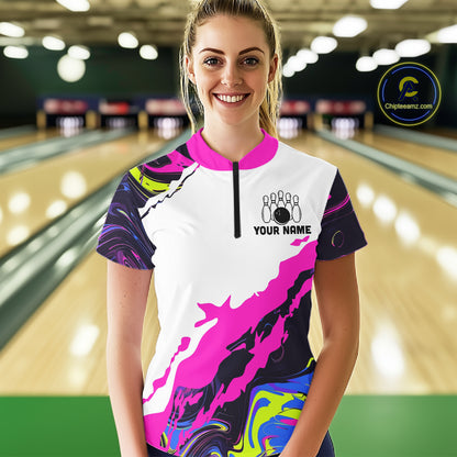 Dripping Bowling Shirt For Men Neon Colorful Bowling Polo 1/4-Zip Custom Name Bowling Team Uniform NYN4511