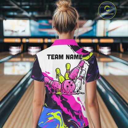 Dripping Bowling Shirt For Men Neon Colorful Bowling Polo 1/4-Zip Custom Name Bowling Team Uniform NYN4511
