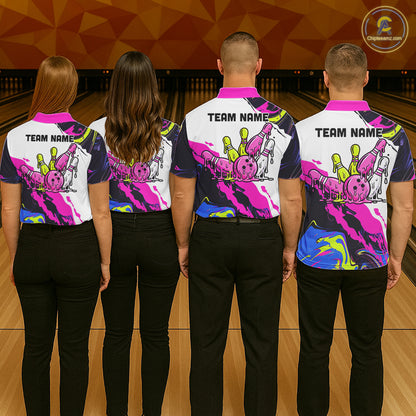 Dripping Bowling Shirt For Men Neon Colorful Bowling Polo 1/4-Zip Custom Name Bowling Team Uniform NYN4511