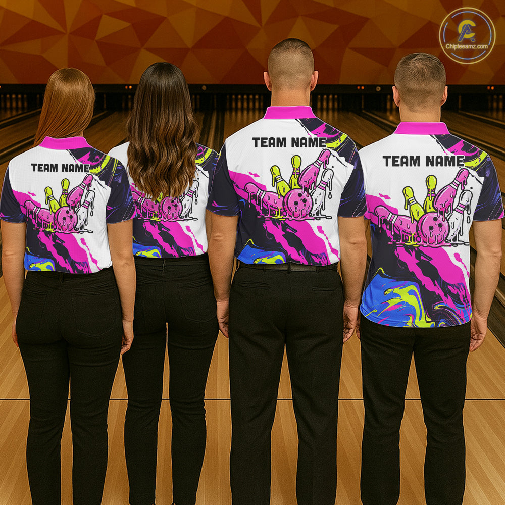 Dripping Bowling Shirt For Women Neon Colorful Bowling Polo 1/4-Zip Custom Name Bowling Team Uniform NYN4511