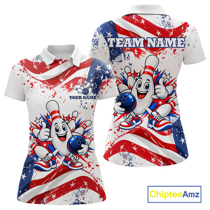 Funny Patriotic Bowling Polo 1/4-Zip Shirt For Women Custom Splatter US Flag Bowling Tournament Jersey NYN4858