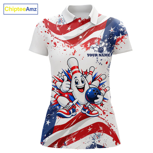 Funny Patriotic Bowling Polo 1/4-Zip Shirt For Women Custom Splatter US Flag Bowling Tournament Jersey NYN4858