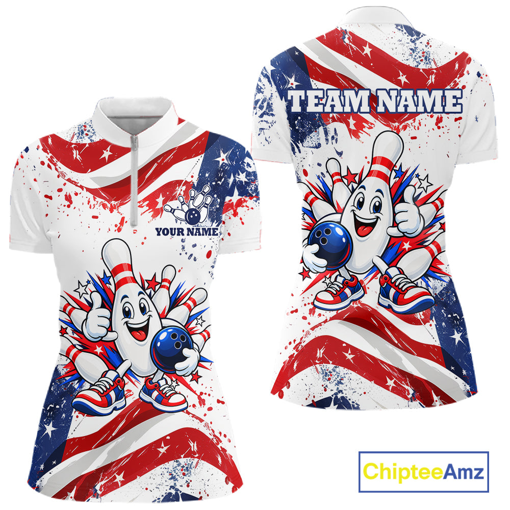 Funny Patriotic Bowling Polo 1/4-Zip Shirt For Women Custom Splatter US Flag Bowling Tournament Jersey NYN4858