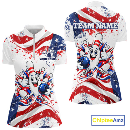 Funny Patriotic Bowling Polo 1/4-Zip Shirt For Women Custom Splatter US Flag Bowling Tournament Jersey NYN4858