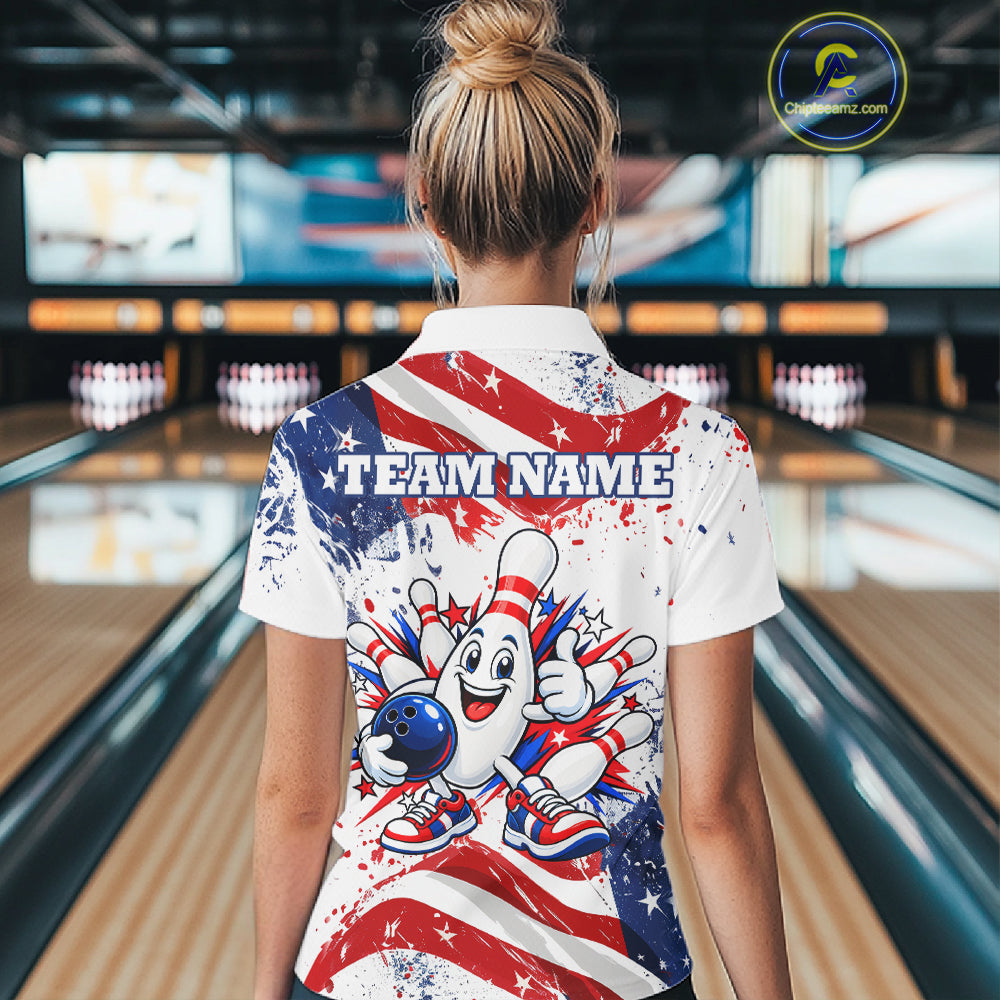 Funny Patriotic Bowling Polo 1/4-Zip Shirt For Women Custom Splatter US Flag Bowling Tournament Jersey NYN4858