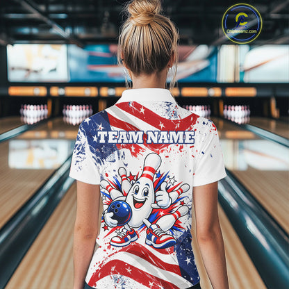Funny Patriotic Bowling Polo 1/4-Zip Shirt For Women Custom Splatter US Flag Bowling Tournament Jersey NYN4858