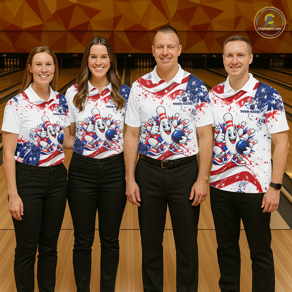Funny Patriotic Bowling Polo 1/4-Zip Shirt For Women Custom Splatter US Flag Bowling Tournament Jersey NYN4858