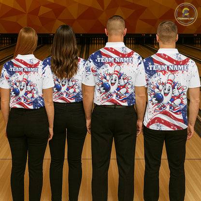 Funny Patriotic Bowling Polo 1/4-Zip Shirt For Women Custom Splatter US Flag Bowling Tournament Jersey NYN4858