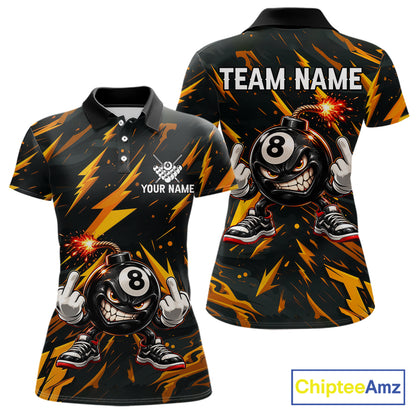 Custom Badass 8 Ball Bomb Billiard Polo 1/4-Zip Shirt For Women Funny Yellow Billiard Tournament Shirt NYN4866
