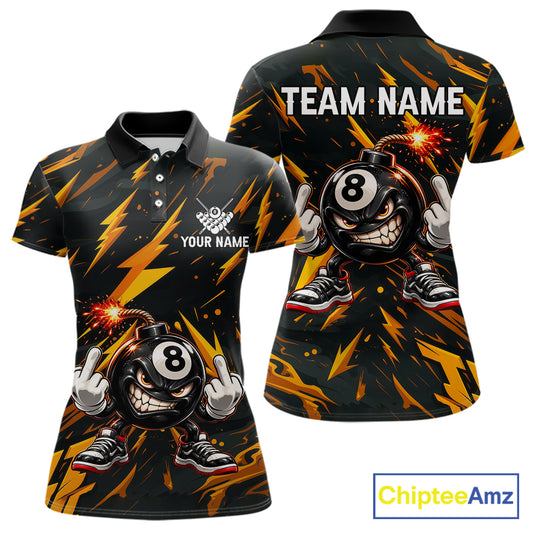 Custom Badass 8 Ball Bomb Billiard Polo 1/4-Zip Shirt For Women Funny Yellow Billiard Tournament Shirt NYN4866