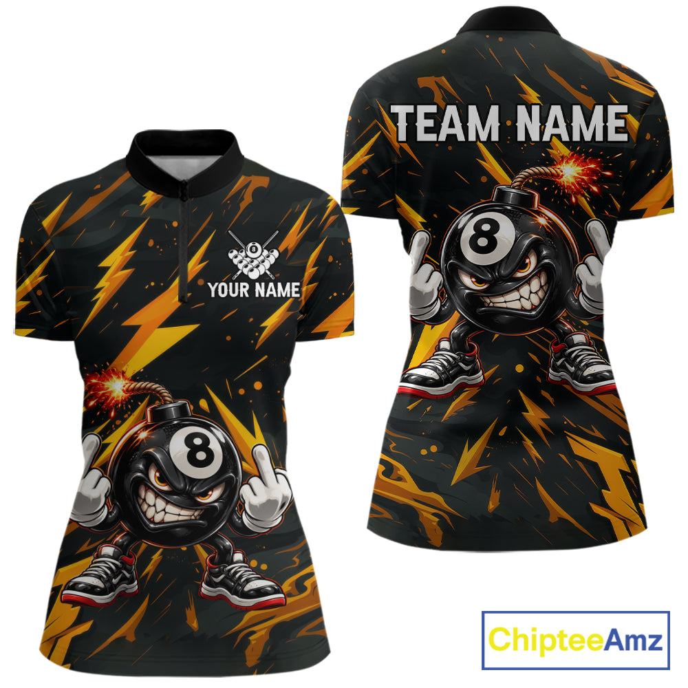 Custom Badass 8 Ball Bomb Billiard Polo 1/4-Zip Shirt For Women Funny Yellow Billiard Tournament Shirt NYN4866