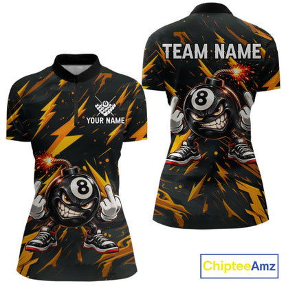 Custom Badass 8 Ball Bomb Billiard Polo 1/4-Zip Shirt For Women Funny Yellow Billiard Tournament Shirt NYN4866