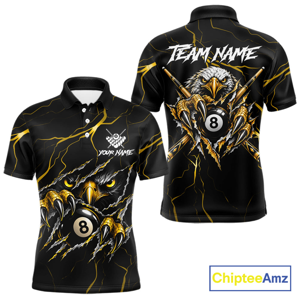 Custom Scratch Eagle 8 Ball Billiard Polo 1/4-Zip Shirt For Men Yellow Lightning Pool Team Jersey NYN4867