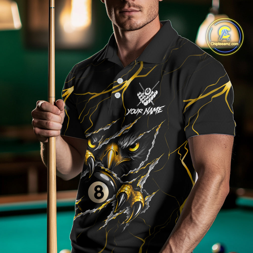 Custom Scratch Eagle 8 Ball Billiard Polo 1/4-Zip Shirt For Men Yellow Lightning Pool Team Jersey NYN4867