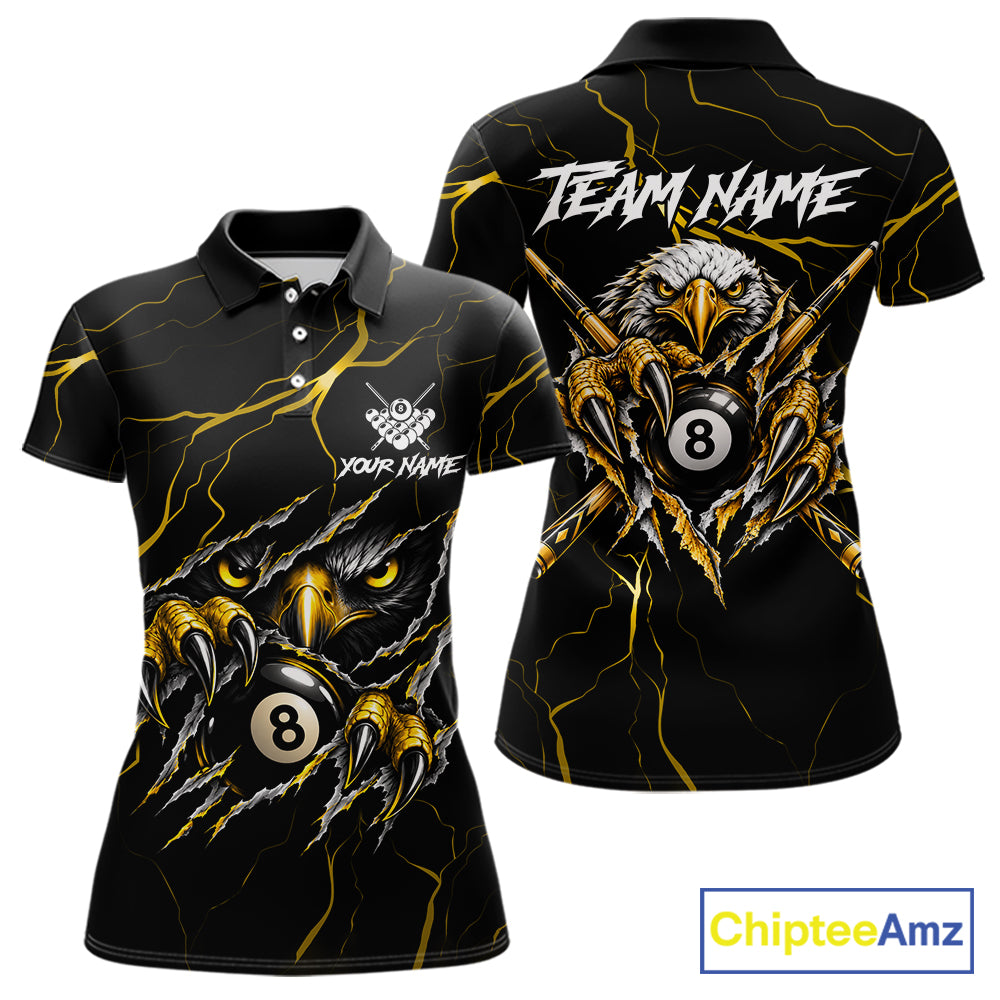 Custom Scratch Eagle 8 Ball Billiard Polo 1/4-Zip Shirt For Women Yellow Lightning Pool Team Jersey NYN4867