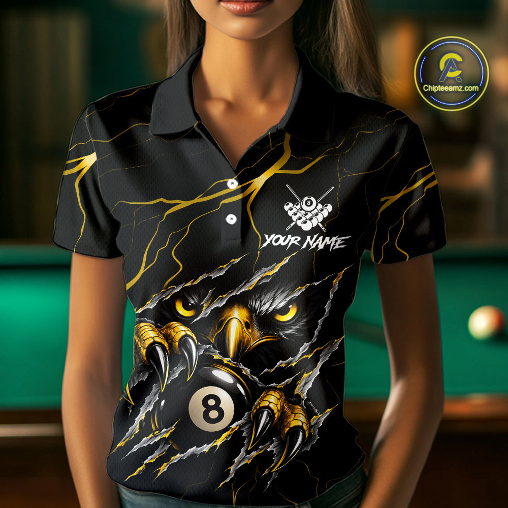 Custom Scratch Eagle 8 Ball Billiard Polo 1/4-Zip Shirt For Women Yellow Lightning Pool Team Jersey NYN4867
