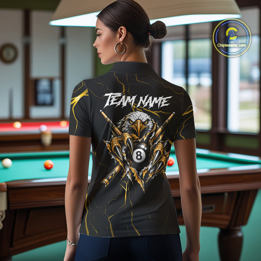 Custom Scratch Eagle 8 Ball Billiard Polo 1/4-Zip Shirt For Women Yellow Lightning Pool Team Jersey NYN4867