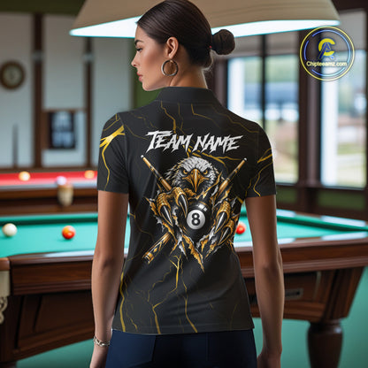 Custom Scratch Eagle 8 Ball Billiard Polo 1/4-Zip Shirt For Women Yellow Lightning Pool Team Jersey NYN4867